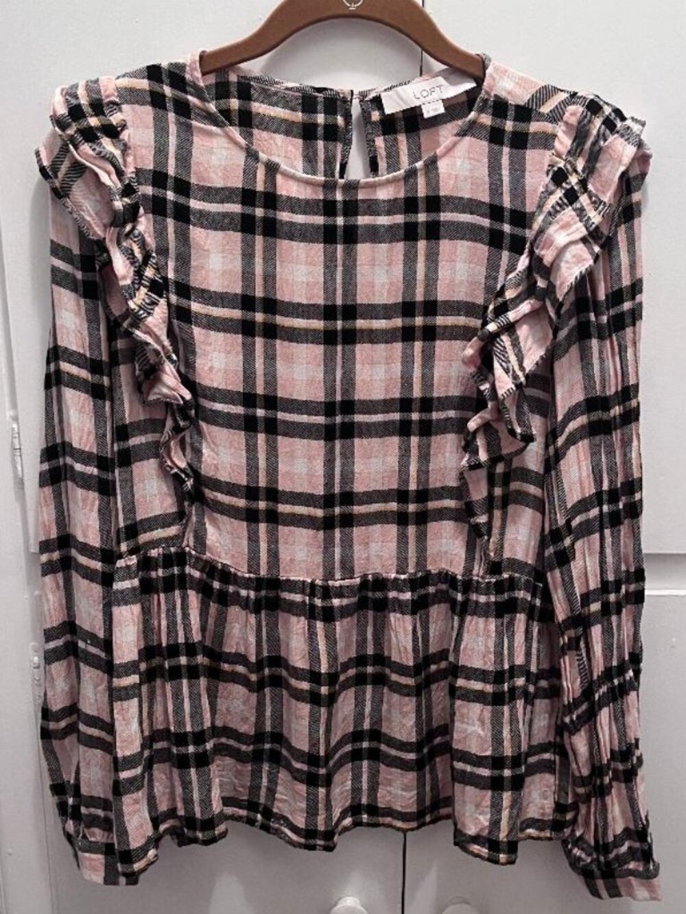 LOFT Babydoll Ruffle Prairie Plaid Top sz S